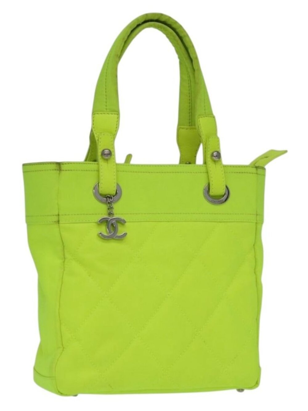 CHANEL Paris Biarritz Tote PM Tote Bag Canvas Green Neon Green CC Auth BSZ633